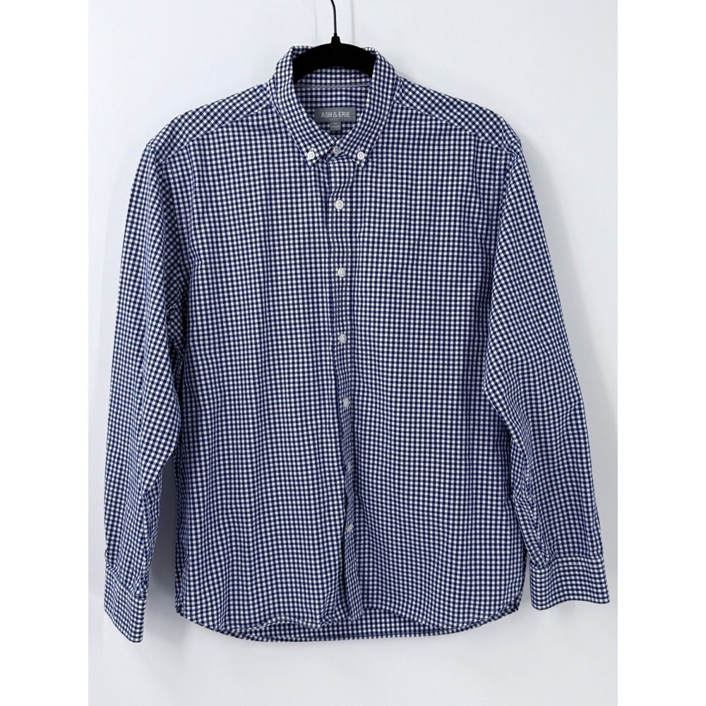 Ash & Erie Mens sz M Gingham Button Down Shirt Blue White preppy business casual